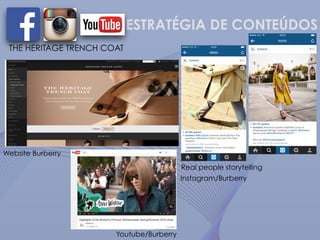 ESTRATÉGIA DE CONTEÚDOS
Website Burberry
Instagram/Burberry
THE HERITAGE TRENCH COAT
Real people storytelling
Youtube/Burberry
 