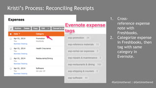 #GetUntethered | @GetUntethered 
Kristi’s Process: Reconciling Receipts 
1. Cross-reference 
expense 
note with 
Freshbooks. 
2. Categorize expense 
in Freshbooks, then 
tag with same 
category in 
Evernote. 
 