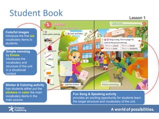 Student Book Lesson 1
Colorful images
introduce the first six
vocabulary items to
students.
Simple monolog
by Emma
introduces the
vocabulary and
structure of the unit
in a situational
context
Sticker & Coloring activity
has students either put the
stickers or color the main
vocabulary items in the
main picture.
Fun Song & Speaking activity
provides an exciting opportunity for students learn
the target structure and vocabulary of the unit.
 