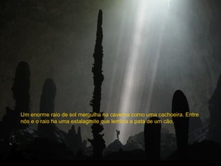 Um enorme raio de sol mergulha na caverna como uma cachoeira. Entre
nós e o raio ha uma estalagmite que lembra a pata de um cão.
 