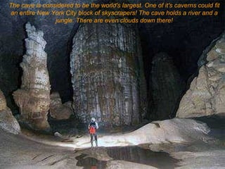 The cave is considered to be the world's largest. One of it's caverns could fit an entire New York City block of skyscrapers! The cave holds a river and a jungle. There are even clouds down there! 