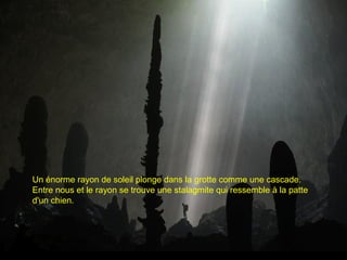 Un énorme rayon de soleil plonge dans la grotte comme une cascade.
Entre nous et le rayon se trouve une stalagmite qui ressemble à la patte
d'un chien.
 