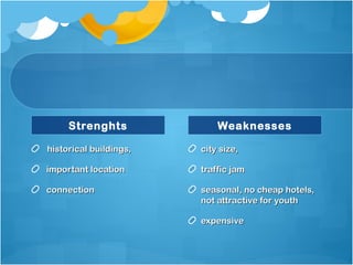 Strenghts
historical buildings,historical buildings,
important locationimportant location
connectionconnection
Weaknesses
city size,city size,
traffic jamtraffic jam
seasonal, no cheap hotels,seasonal, no cheap hotels,
not attractive for youthnot attractive for youth
expensiveexpensive
 