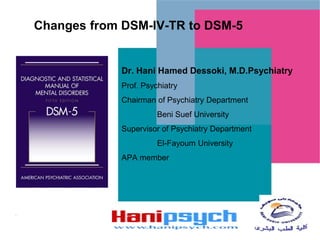Changes from DSM-IV-TR to DSM-5

Dr. Hani Hamed Dessoki, M.D.Psychiatry
Prof. Psychiatry
Chairman of Psychiatry Department

Beni Suef University
Supervisor of Psychiatry Department
El-Fayoum University
APA member

 