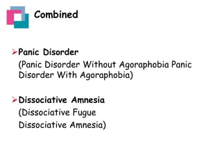 Combined

Panic Disorder
(Panic Disorder Without Agoraphobia Panic
Disorder With Agoraphobia)
Dissociative Amnesia
(Dissociative Fugue
Dissociative Amnesia)

 