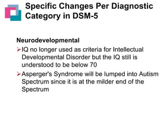 Specific Changes Per Diagnostic
Category in DSM-5
Neurodevelopmental
IQ no longer used as criteria for Intellectual
Developmental Disorder but the IQ still is
understood to be below 70
Asperger's Syndrome will be lumped into Autism
Spectrum since it is at the milder end of the
Spectrum

 
