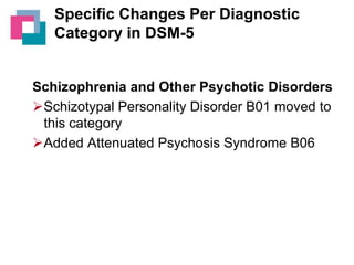 Specific Changes Per Diagnostic
Category in DSM-5

Schizophrenia and Other Psychotic Disorders
Schizotypal Personality Disorder B01 moved to
this category
Added Attenuated Psychosis Syndrome B06

 