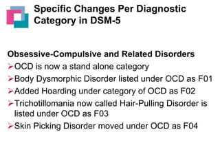Specific Changes Per Diagnostic
Category in DSM-5

Obsessive-Compulsive and Related Disorders
OCD is now a stand alone category
Body Dysmorphic Disorder listed under OCD as F01
Added Hoarding under category of OCD as F02
Trichotillomania now called Hair-Pulling Disorder is
listed under OCD as F03
Skin Picking Disorder moved under OCD as F04

 