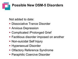 Possible New DSM-5 Disorders

Not added to date:
 Dissociative Trance Disorder
 Anxious Depression
 Complicated /Prolonged Grief
 Factitious disorder imposed on another
 Non-suicidal Self Injury
 Hypersexual Disorder
 Olfactory Reference Syndrome
 Paraphilic Coercive Disorder

 