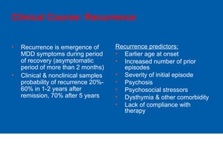 Clinical Course: Recurrence
• Recurrence is emergence of
MDD symptoms during period
of recovery (asymptomatic
period of more than 2 months)
• Clinical & nonclinical samples
probability of recurrence 20%-
60% in 1-2 years after
remission, 70% after 5 years
Recurrence predictors:
• Earlier age at onset
• Increased number of prior
episodes
• Severity of initial episode
• Psychosis
• Psychosocial stressors
• Dysthymia & other comorbidity
• Lack of compliance with
therapy
 