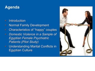 Agenda
• Introduction
• Normal Family Development
• Characteristics of “happy” couples
• Domestic Violence in a Sample of
Egyptian Female Psychiatric
Patients (Pilot Study)
• Understanding Marital Conflicts in
Egyptian Culture
 