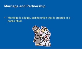 Marriage and Partnership
• Marriage is a legal, lasting union that is created in a
public ritual
 