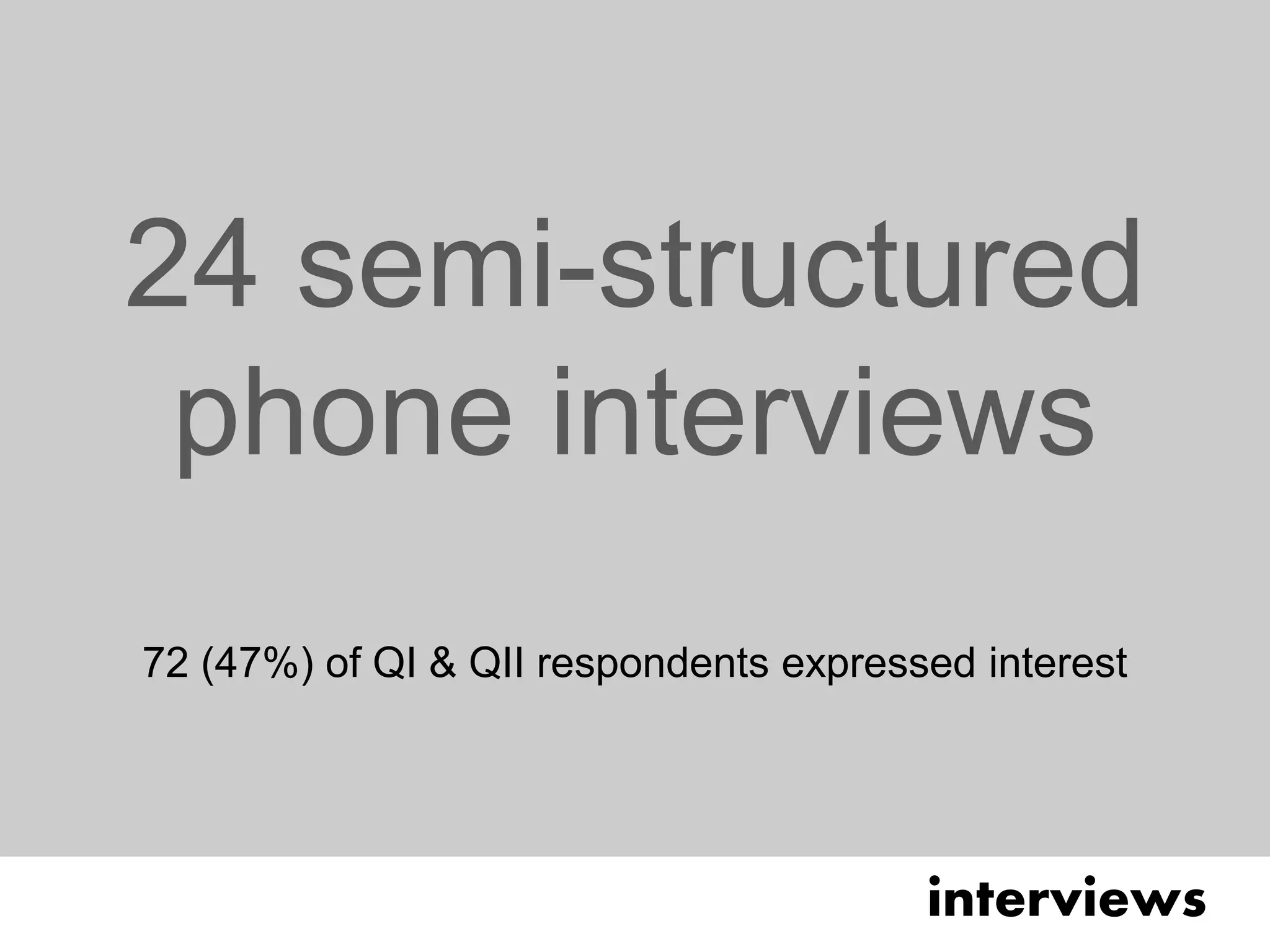 24 semi-structured
 phone interviews
72 (47%) of QI & QII respondents expressed interest




                                        interviews
 