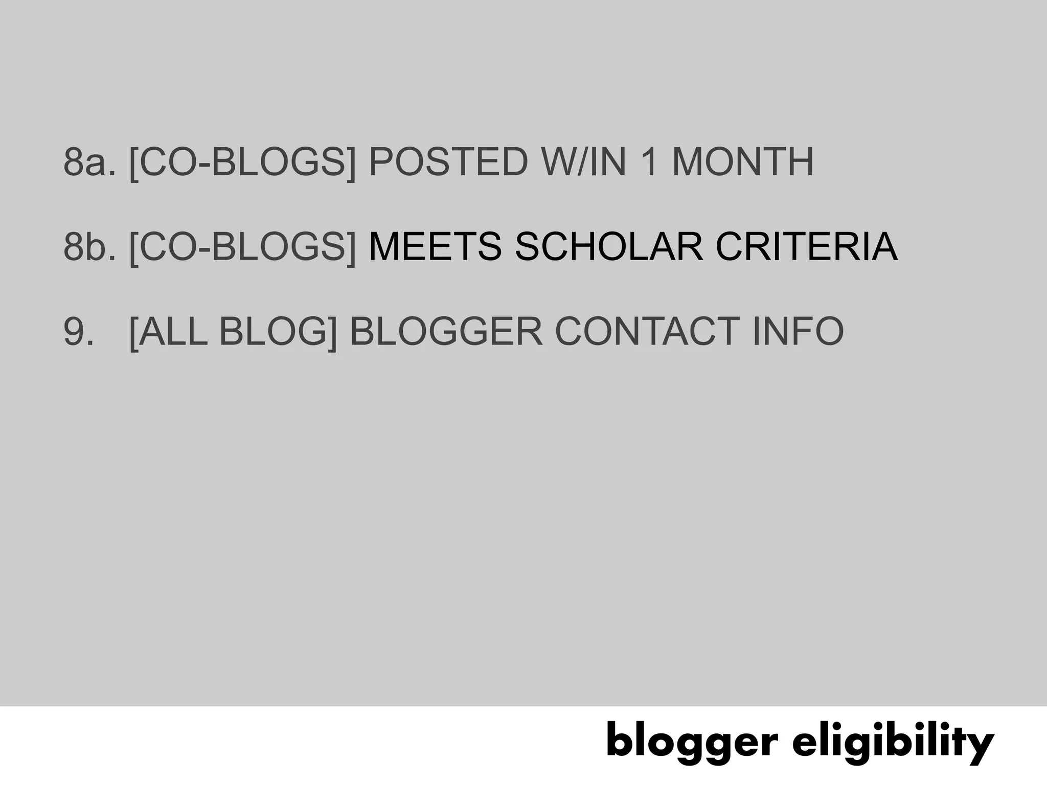 8a. [CO-BLOGS] POSTED W/IN 1 MONTH

8b. [CO-BLOGS] MEETS SCHOLAR CRITERIA

9. [ALL BLOG] BLOGGER CONTACT INFO




                        blogger eligibility
 