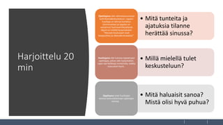 Harjoittelu 20
min
• Mitä tunteita ja
ajatuksia tilanne
herättää sinussa?
Opettajana olet valmistautumassa
kolmikantakeskusteluun. Lapsen
huoltaja on tehnyt kantelun
toiminnastasi ja oppilas on
vastannut hyvinvointikyselyssä
täysin eri mieltä kysymykseen
"Aikuiset koulussani ovat
tasapuolisia ja oikeudenmukaisia".
• Millä mielellä tulet
keskusteluun?
Huoltajana olet tulossa tapaamaan
opettajaa, johon olet tyytymätön.
Lapsi saa heikkoja numeroita, vaikka
osaa asiat hyvin.
• Mitä haluaisit sanoa?
Mistä olisi hyvä puhua?
Oppilaana tulet huoltajasi
kanssa keskustelemaan opettajan
kanssa.
 