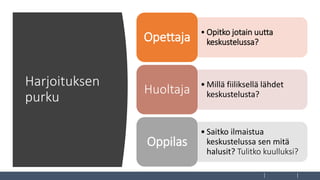 Harjoituksen
purku
• Opitko jotain uutta
keskustelussa?
Opettaja
• Millä fiiliksellä lähdet
keskustelusta?
Huoltaja
• Saitko ilmaistua
keskustelussa sen mitä
halusit? Tulitko kuulluksi?
Oppilas
 