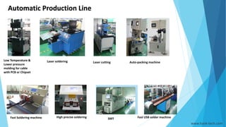 Automatic Production Line
Low Temperature &
Lower pressure
molding for cable
with PCB or Chipset
Laser soldering Laser cutting Auto-packing machine
Fast Soldering machine High precise soldering Fast USB solder machine
www.hank-tech.com
SMT
 