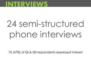 INTERVIEWS

24 semi-structured
phone interviews
72 (47%) of QI & QII respondents expressed interest
 