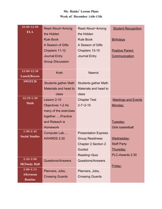 Ms. Hanks’ Lesson Plans
                              Week of: December 14th-17th


10:00-12:00
                 Read Aloud~Among         Read Aloud~Among       Student Recognition
    ELA
                 the Hidden               the Hidden
                 Rule Book                Rule Book              Birthdays
                 A Season of Gifts        A Season of Gifts
                 Chapters 11-12           Chapters 13-15         Positive Parent
                 Journal Entry            Journal Entry          Communication
                 Group Discussion

12:00-12:30
                         Kreh                      Nawrot
Lunch/Recess
  SWITCH
                 Students gather Math     Students gather Math
                 Materials and head to Materials and head to
                         class            class
 12:35-1:50
                 Lesson 2-10              Chapter Test           Meetings and Events
    Math
                 Objectives 1-2 As        2-7~2-10               Monday:
                 many of the exercises
                 together…..Practice
                 and Reteach is                                  Tuesday:
                 Homework                                        Girls basketball
  1:50-2:45
                 Computer Lab….           Presentation Express
Social Studies
                 AWARDS 2:30              Group Readiness        Wednesday:
                                          Chapter 2 Section 2    Staff Party
                                          Guided                 Thursday:
                                          Reading~Quiz           PLC-Awards 2:30
  2:45-3:00
                 Questions/Answers        Questions/Answers
IR/Study Hall
                                                                 Friday:
  3:00-3:15
                 Planners, Jobs,          Planners, Jobs,
 Afternoon
                 Crossing Guards          Crossing Guards
   Routine
 