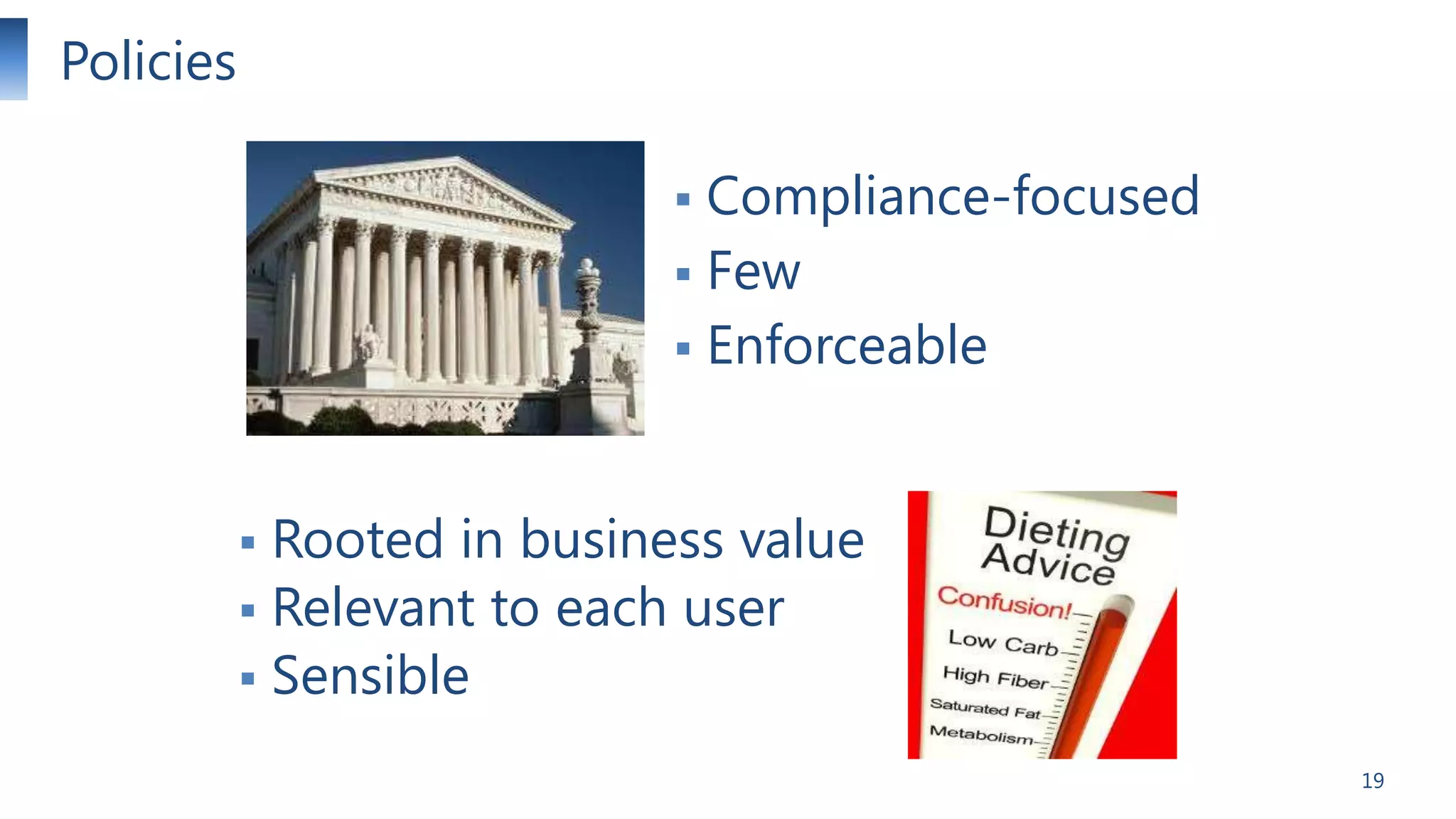 Policies
Compliance-focused
 Few
 Enforceable


Rooted in business value
 Relevant to each user
 Sensible


19

 