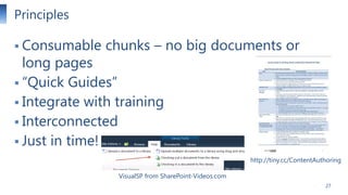 Principles
 Consumable

chunks – no big documents or

long pages
 ―Quick Guides‖
 Integrate with training
 Interconnec...