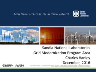Sandia National Laboratories is a multi-mission laboratory managed and operated by Sandia Corporation, a wholly owned subsidiary of Lockheed Martin Corporation, for
the U.S. Department of Energy’s National Nuclear Security Administration under contract DE-AC04-94AL85000
Sandia	National	Laboratories
Grid	Modernization	Program	Area
Charles	Hanley	
December,	2016
1
 