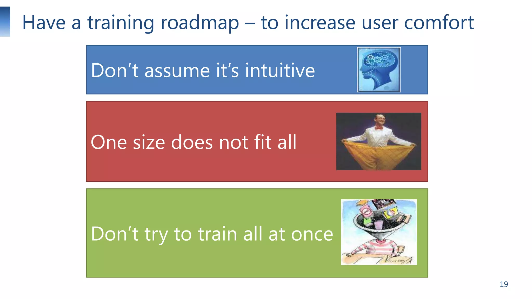 Have a training roadmap – to increase user comfort
Don’t assume it’s intuitive
One size does not fit all

Don’t try to train all at once
19

 