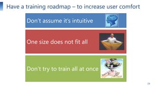 Have a training roadmap – to increase user comfort
Don’t assume it’s intuitive
One size does not fit all

Don’t try to train all at once
19

 