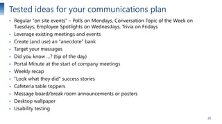 Tested ideas for your communications plan















Regular “on site events” – Polls on Mondays, Conversation Topic of the Week on
Tuesdays, Employee Spotlights on Wednesdays, Trivia on Fridays
Leverage existing meetings and events
Create (and use) an “anecdote” bank
Target your messages
Did you know …? (tip of the day)
Portal Minute at the start of company meetings
Weekly recap
“Look what they did” success stories
Cafeteria table toppers
Message board/break room announcements or posters
Desktop wallpaper
Usability testing
26

 