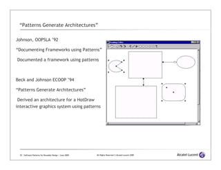 “Patterns Generate Architectures”

Johnson, OOPSLA ’92

“Documenting Frameworks using Patterns”

Documented a framework us...