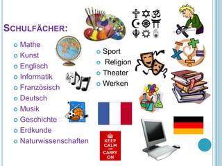 SCHULFÄCHER:
  Mathe
                          Sport
  Kunst
                          Religion
  Englisch
                          Theater
  Informatik
                          Werken
  Französisch

  Deutsch

  Musik

  Geschichte

  Erdkunde

  Naturwissenschaften
 