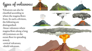 Volcanoes can also be
classified according to
where the magma flows
from. In such a division,
the following are
distinguished:
-linear volcanoes where
magma flows along a long
rift (common on the
ocean floor in spreading
zones);
-conical volcanoes;
-shield volcanoes.
types of volcanoes:
 