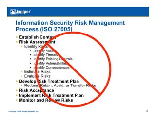 Information Security Risk Management
         Process (ISO 27005)
           Establish Context
           Risk Assessment
                •  Identify Risks
                           •    Identify Assets
                           •    Identify Threats
                           •    Identify Existing Controls
                           •    Identify Vulnerabilities
                           •    Identify Consequences
                •  Estimate Risks
                •  Evaluate Risks
           Develop Risk Treatment Plan
                •  Reduce, Retain, Avoid, or Transfer Risks
           Risk Acceptance
           Implement Risk Treatment Plan
           Monitor and Review Risks

Copyright © 2009 Juniper Networks, Inc.                       17
 