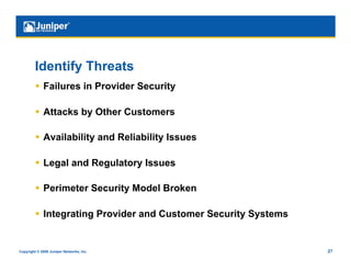 Identify Threats
           Failures in Provider Security

           Attacks by Other Customers

           Availability and Reliability Issues

           Legal and Regulatory Issues

           Perimeter Security Model Broken

           Integrating Provider and Customer Security Systems


Copyright © 2009 Juniper Networks, Inc.                          27
 