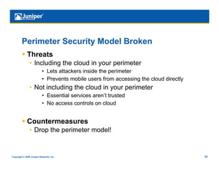 Perimeter Security Model Broken
           Threats
                •  Including the cloud in your perimeter
                           •  Lets attackers inside the perimeter
                           •  Prevents mobile users from accessing the cloud directly
                •  Not including the cloud in your perimeter
                           •  Essential services aren’t trusted
                           •  No access controls on cloud


           Countermeasures
                •  Drop the perimeter model!


Copyright © 2009 Juniper Networks, Inc.                                                 35
 