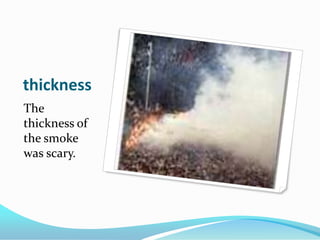 thicknessThe thickness of the smoke was scary.