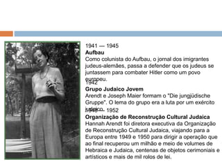 1941 — 1945
Aufbau
Como colunista do Aufbau, o jornal dos imigrantes
judeus-alemães, passa a defender que os judeus se
juntassem para combater Hitler como um povo
europeu.
1942
Grupo Judaico Jovem
Arendt e Joseph Maier formam o "Die jungjüdische
Gruppe". O lema do grupo era a luta por um exército
judaico.1948 — 1952
Organização de Reconstrução Cultural Judaica
Hannah Arendt foi diretora executiva da Organização
de Reconstrução Cultural Judaica, viajando para a
Europa entre 1949 e 1950 para dirigir a operação que
ao final recuperou um milhão e meio de volumes de
Hebraica e Judaica, centenas de objetos cerimoniais e
artísticos e mais de mil rolos de lei.
 