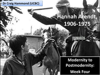 Dr Craig Hammond (UCBC)



                          Hannah Arendt,
                            1906-1975




                              Modernity to
                             Postmodernity:
                               Week Four
 