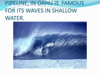 PIPELINE, IN OAHU IS FAMOUS
FOR ITS WAVES IN SHALLOW
WATER.
 