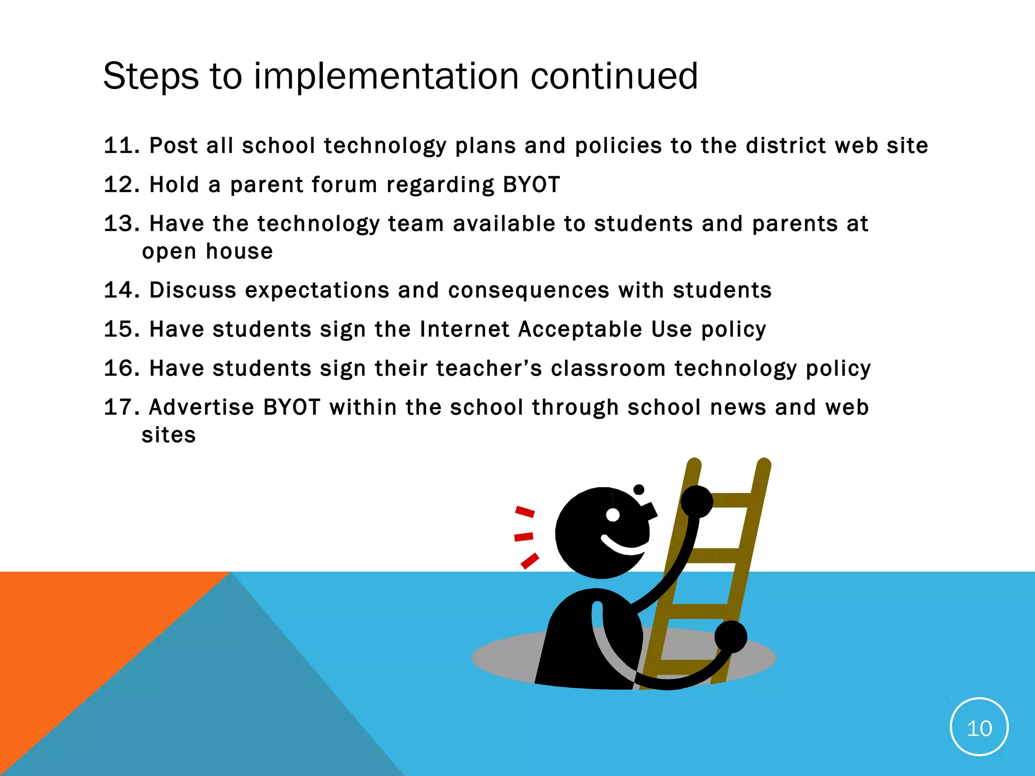 Steps to implementation continued
11. Post all school technology plans and policies to the district web site
12. Hold a parent forum regarding BYOT
13. Have the technology team available to students and parents at
open house
14. Discuss expectations and consequences with students
15. Have students sign the Internet Acceptable Use policy
16. Have students sign their teacher’s classroom technology policy
17. Advertise BYOT within the school through school news and web
sites
10
 