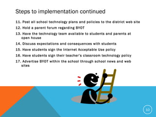 Steps to implementation continued
11. Post all school technology plans and policies to the district web site
12. Hold a parent forum regarding BYOT
13. Have the technology team available to students and parents at
open house
14. Discuss expectations and consequences with students
15. Have students sign the Internet Acceptable Use policy
16. Have students sign their teacher’s classroom technology policy
17. Advertise BYOT within the school through school news and web
sites
10
 