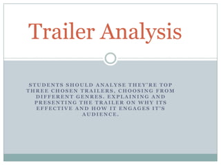 Trailer Analysis
STUDENTS SHOULD ANALYSE THEY’RE TOP
THREE CHOSEN TRAILERS, CHOOSING FROM
DIFFERENT GENRES. EXPLAINING AND
PRESENTING THE TRAILER ON WHY ITS
EFFECTIVE AND HOW IT ENGAGES IT’S
AUDIENCE.

 