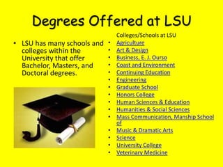 Degrees Offered at LSU
• LSU has many schools and
colleges within the
University that offer
Bachelor, Masters, and
Doctoral degrees.

•
•
•
•
•
•
•
•
•
•
•
•
•
•
•

Colleges/Schools at LSU
Agriculture
Art & Design
Business, E. J. Ourso
Coast and Environment
Continuing Education
Engineering
Graduate School
Honors College
Human Sciences & Education
Humanities & Social Sciences
Mass Communication, Manship School
of
Music & Dramatic Arts
Science
University College
Veterinary Medicine

 