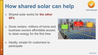 4 
How shared solar can help 
10/2/2014 
» Shared solar works for the other 
80% 
» Gives renters, millions of home and 
business owners affordable access 
to clean energy for the first time 
» Ideally, simple for customers to 
participate 
 
