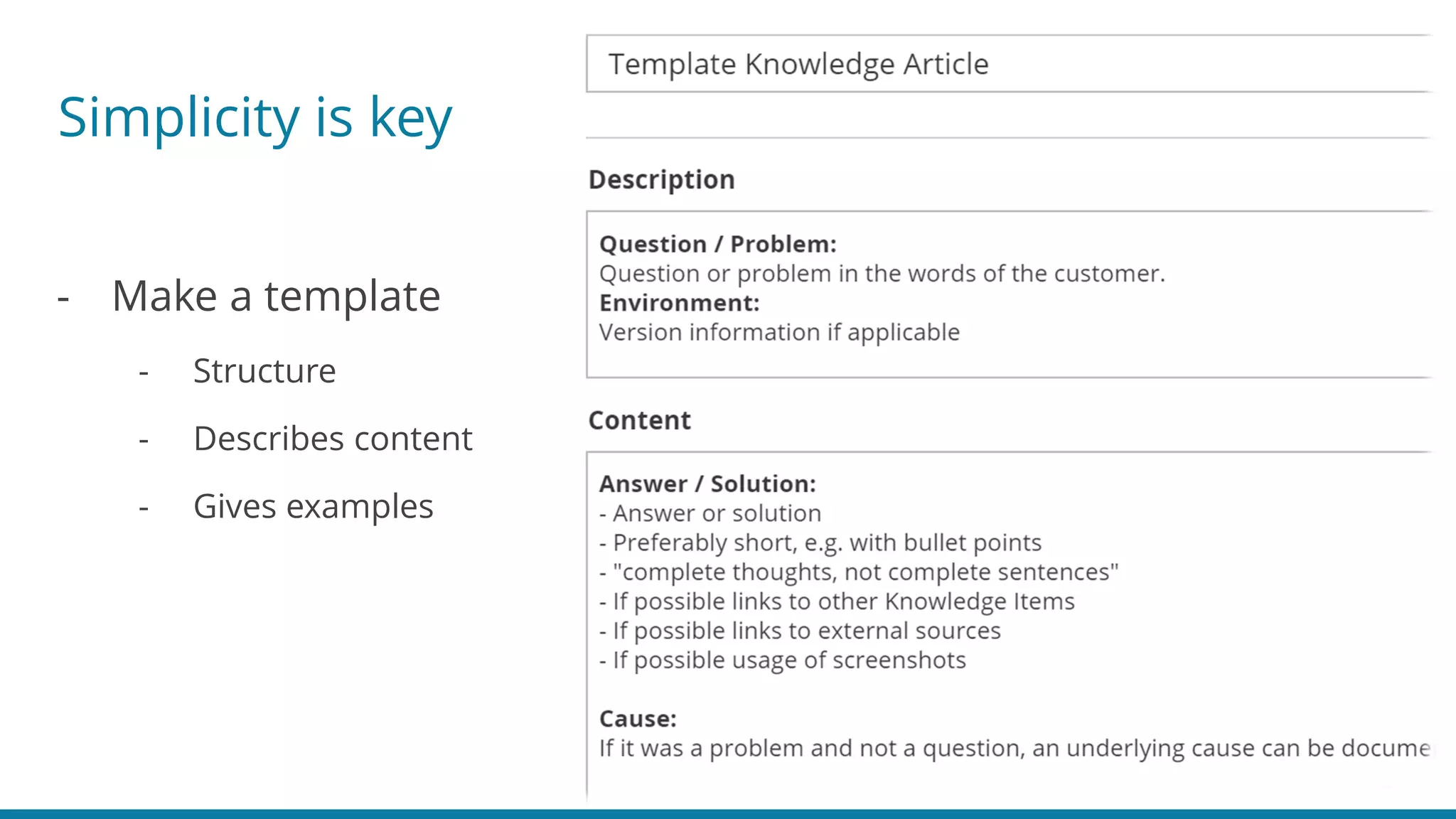 Simplicity is key
- Make a template
- Structure
- Describes content
- Gives examples
 
