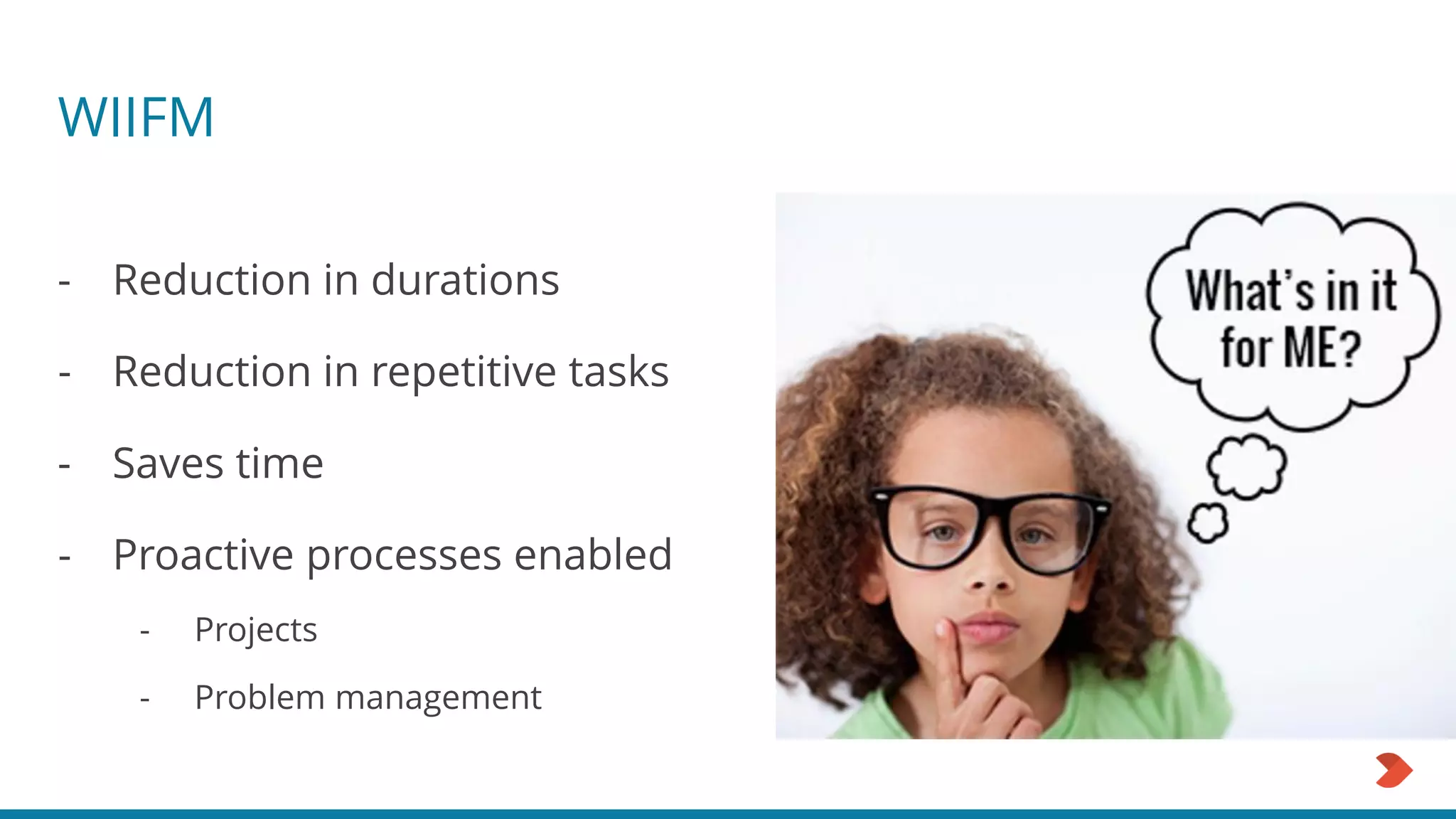 WIIFM
- Reduction in durations
- Reduction in repetitive tasks
- Saves time
- Proactive processes enabled
- Projects
- Problem management
 