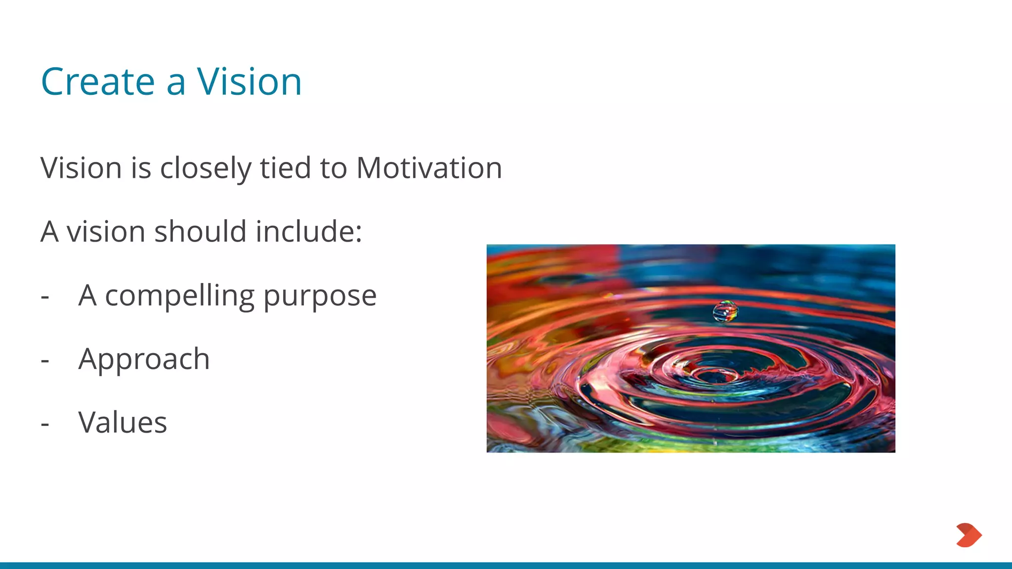 Create a Vision
Vision is closely tied to Motivation
A vision should include:
- A compelling purpose
- Approach
- Values
 