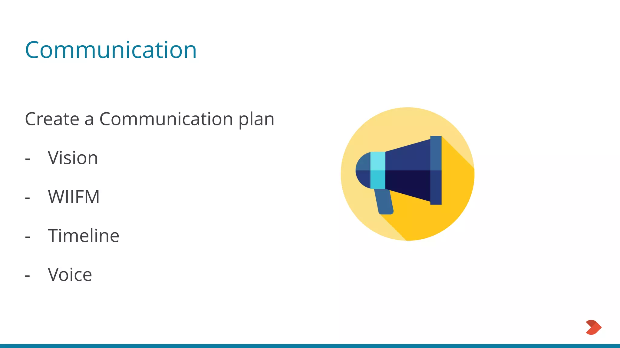 Communication
Create a Communication plan
- Vision
- WIIFM
- Timeline
- Voice
 