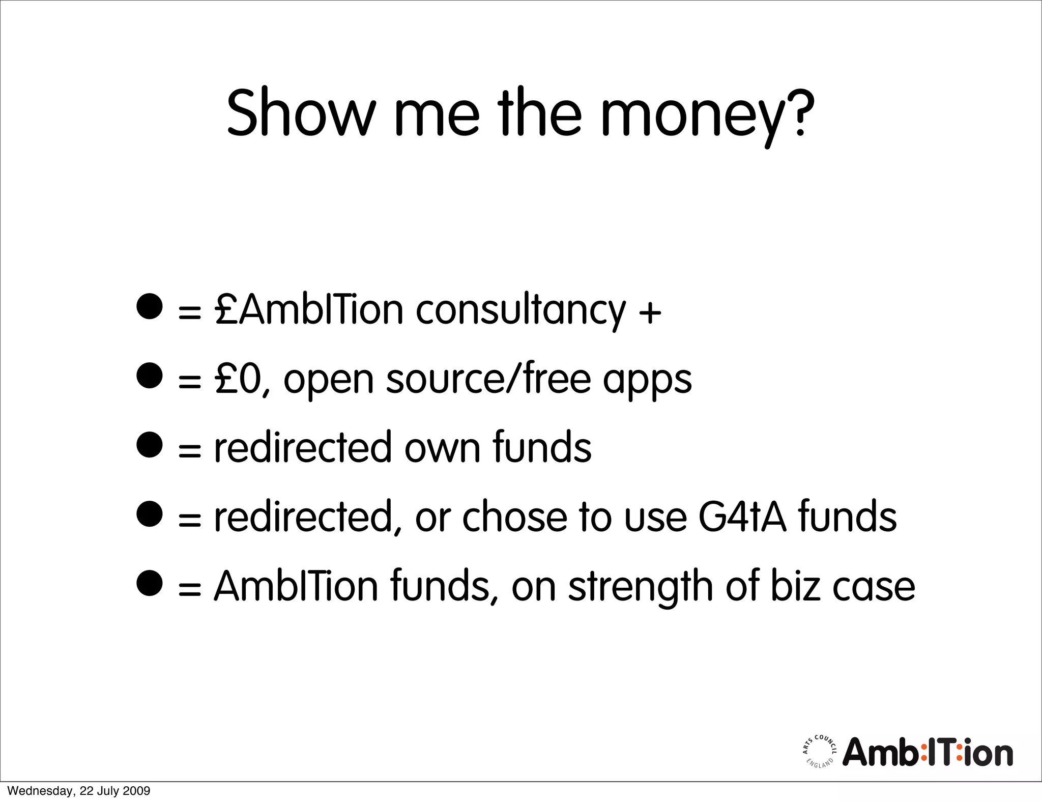 Show me the money?


                   • = £AmbITion consultancy +
                   • = £0, open source/free apps
                   • = redirected own funds
                   • = redirected, or chose to use G4tA funds
                   • = AmbITion funds, on strength of biz case

Wednesday, 22 July 2009
 