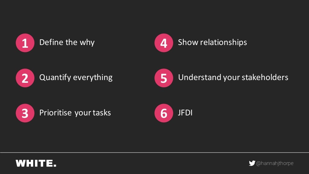 Define the Why, Show Relationships, Quantify Everything, Understand your Stakeholders, Prioritise your tasks, JFDI